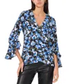 Vince Camuto Floral Flutter Sleeve V-neck Top In Royal Azure