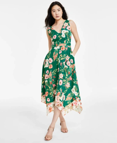 Vince Camuto Women's Floral-print Handkerchief-hem Midi Dress In Green Multi