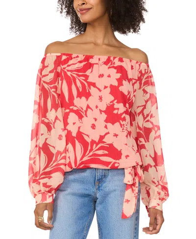 VINCE CAMUTO WOMEN'S FLORAL OFF-THE-SHOULDER LONG-SLEEVE TIE-FRONT BLOUSE