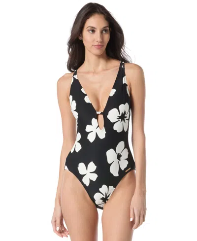 Vince Camuto Women's Floral-print Plunge One-piece Swimsuit In Black