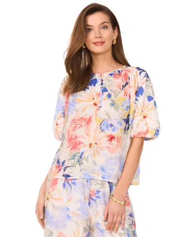 Vince Camuto Women's Floral-print Puff-sleeve Top In Ultra White