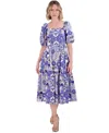 Vince Camuto Petite Printed Cotton Puff-sleeve Midi Dress In Blue,white