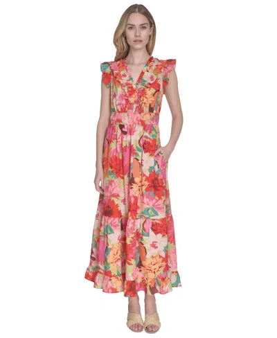 Vince Camuto Women's Floral-print Ruffled-shoulder Dress In Multi