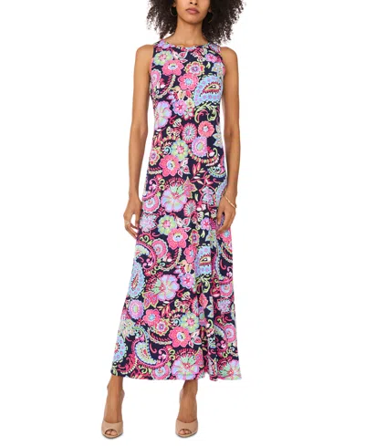 Vince Camuto Women's Floral Sleeveless Keyhole-back Crewneck Maxi Dress In Classic Navy