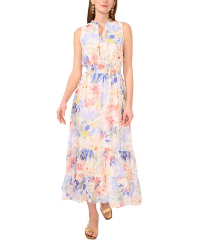 Vince Camuto Women's Floral-print Sleeveless Tiered Maxi Dress In Ultra White