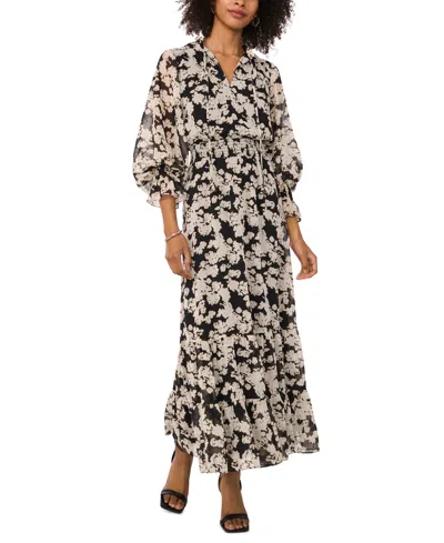 Vince Camuto Women's Floral-print Smocked-cuff Maxi Dress In Rich Black