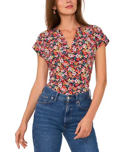 Vince Camuto Women's Floral-print Split-neck Cap-sleeve Top In Navy  Coral Floral