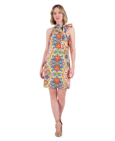 Vince Camuto Women's Floral-print Tie-neck Dress In Blue