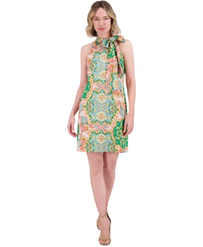 Vince Camuto Petite Printed Bow Halter Sheath Dress In Green