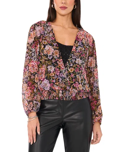 Vince Camuto Women's Floral-printed Faux-wrap Top In Rich Black