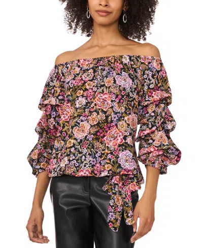 VINCE CAMUTO WOMEN'S FLORAL OFF-THE-SHOULDER BUBBLE 3/4-SLEEVE TIE-FRONT BLOUSE