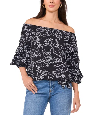 Vince Camuto Women's Floral Off-the-shoulder Bubble 3/4-sleeve Tie-front Blouse In Rich Black