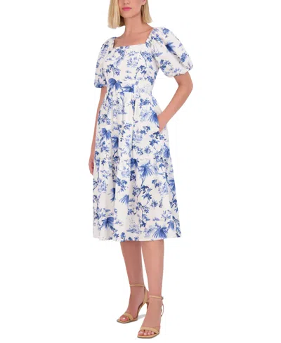 Vince Camuto Women's Floral Puff-sleeve Midi Dress In Blue