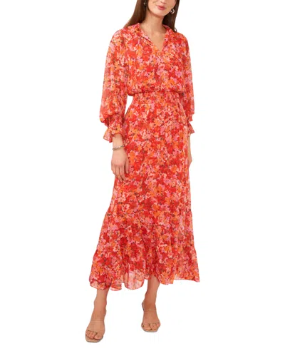 Vince Camuto Women's Floral Smocked Waist Tie Neck Tiered Maxi Dress In Tulip Red