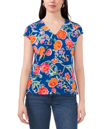 Vince Camuto Women's Floral V-neck Cap Sleeve Knit Top In Base Blue