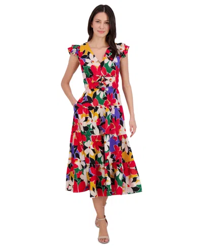 Vince Camuto Petite Floral-print Flutter-sleeve Fit & Flare Dress In Multi