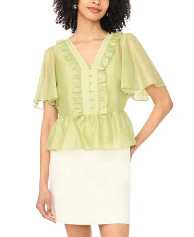 Vince Camuto V-neck Double Ruffle Button-down Shirt In Green