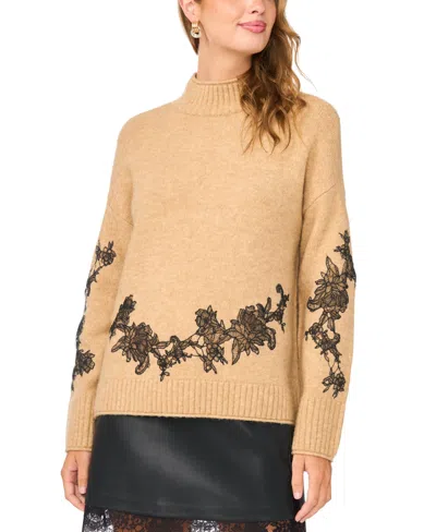 Vince Camuto Women's Lace-applique Mock-neck Pullover Sweater In Brown
