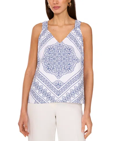 Vince Camuto Women's Linen-blend V-neck Printed Sleeveless Top In Lake Breeze