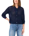 Vince Camuto Pointelle Crewneck Cardigan In Classic Navy