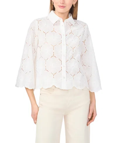 Vince Camuto Eyelet Embroidery Floral Woven Shirt In White