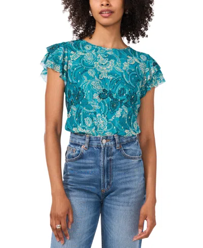 Vince Camuto Women's Metallic Paisley Flutter-sleeve Top In Cool Lapis