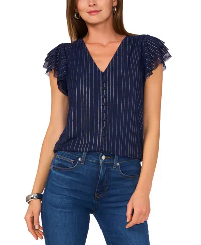Vince Camuto Women's Metallic-stripe Flutter-sleeve Top In Classic Navy