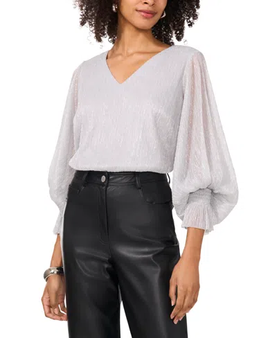 Vince Camuto Women's Metallic V-neck Smocked-cuff Blouse In Silver