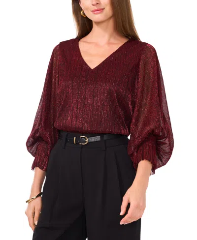 Vince Camuto Confetti Ready Womens Metallic Sheer Blouse In Ultra Red