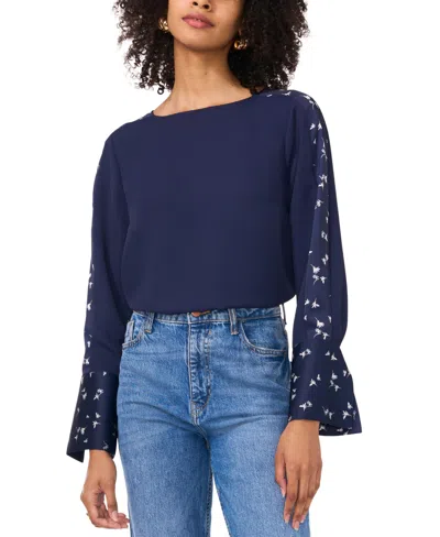 Vince Camuto Floral Accent Flare Cuff Top In Classic Navy