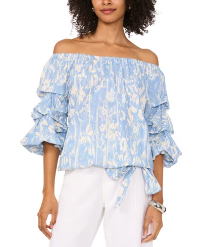 Vince Camuto Women's Printed Linen-blend Off-the-shoulder Bubble 3/4-sleeve Tie-front Blouse In Lake Breeze