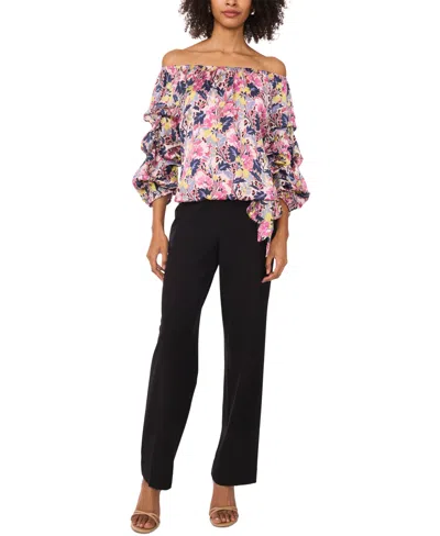 Vince Camuto Women's Printed Off-the-shoulder Bubble 3/4-sleeve Tie-front Blouse In Violet Blush