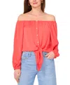 Vince Camuto Off The Shoulder Tie Hem Button-up Top In Cayenne