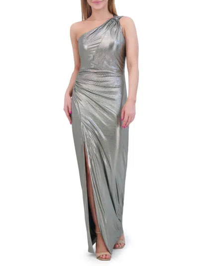 Vince Camuto Women's One-shoulder Foil-knit Twisted Column Gown In Green