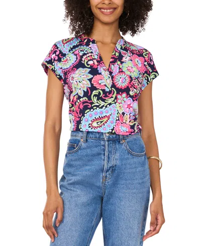 Vince Camuto Women's Paisley-print Split-neck Cap-sleeve Top In Classic Navy
