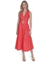 Vince Camuto Petite Cotton Belted Sleeveless Tiered Midi Dress In Red