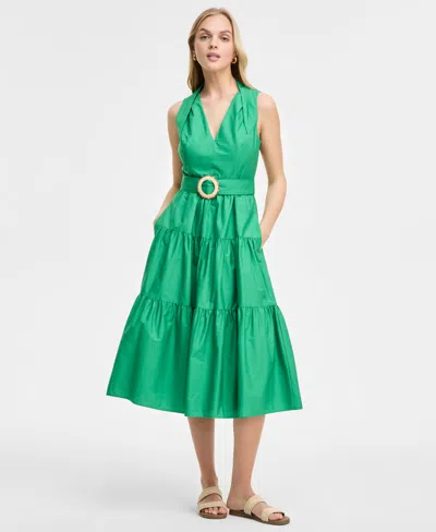 Vince Camuto Women's Pleat-neck Cotton Sleeveless Dress In Green