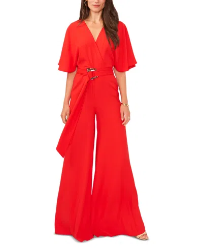 Vince Camuto Women's Plunge V-neck Tie Waist Wide Leg Maxi Jumpsuit In Tulip Red