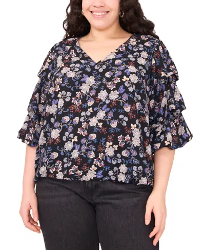 Vince Camuto Women's Plus Size Printed V-neck Bubble Sleeve Top In Blue