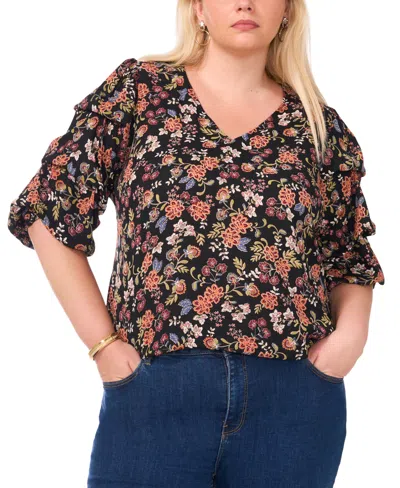 Vince Camuto Women's Plus Size Printed V-neck Bubble Sleeve Top In Rich Black