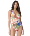 Vince Camuto Women's Printed Belted Plunge One-piece Swimsuit In Multi