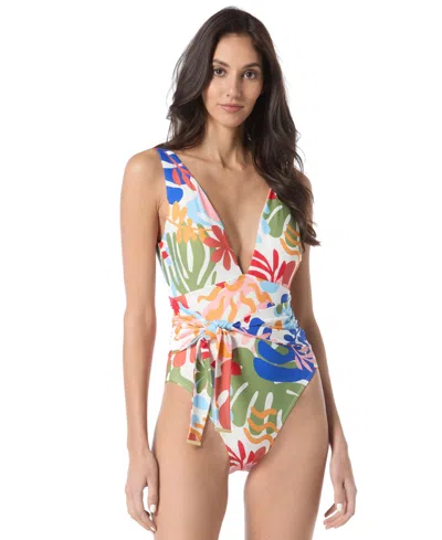 Vince Camuto Women's Printed Belted Plunge One-piece Swimsuit In Multi