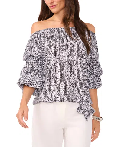 VINCE CAMUTO WOMEN'S PRINTED OFF-THE-SHOULDER BUBBLE 3/4-SLEEVE TIE-FRONT BLOUSE