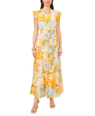 Vince Camuto Women's Printed Cap-sleeve Tiered Maxi Dress In Airy Gold