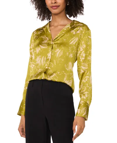 Vince Camuto Women's Printed Collared V-neck Long-sleeve Top In Green Oasis