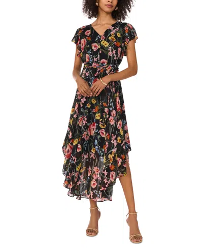 Vince Camuto Women's Printed Flutter-sleeve Midi Dress In Rich Black