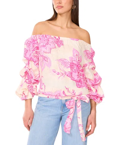 VINCE CAMUTO WOMEN'S FLORAL LINEN-BLEND OFF-THE-SHOULDER BUBBLE 3/4-SLEEVE TIE-FRONT BLOUSE