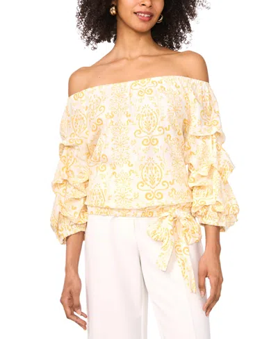 Vince Camuto Women's Printed Linen-blend Off-the-shoulder Bubble-sleeve Top In Yellow Rose