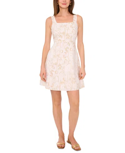 Vince Camuto Women's Printed Linen-blend Square-neck Mini Dress In Oyster Grey