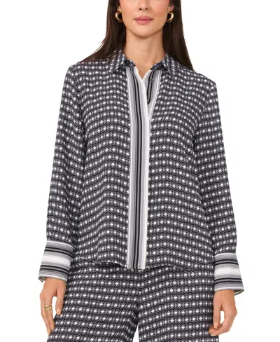 Vince Camuto Women's Printed Long-sleeve Button-front Top In Rich Black